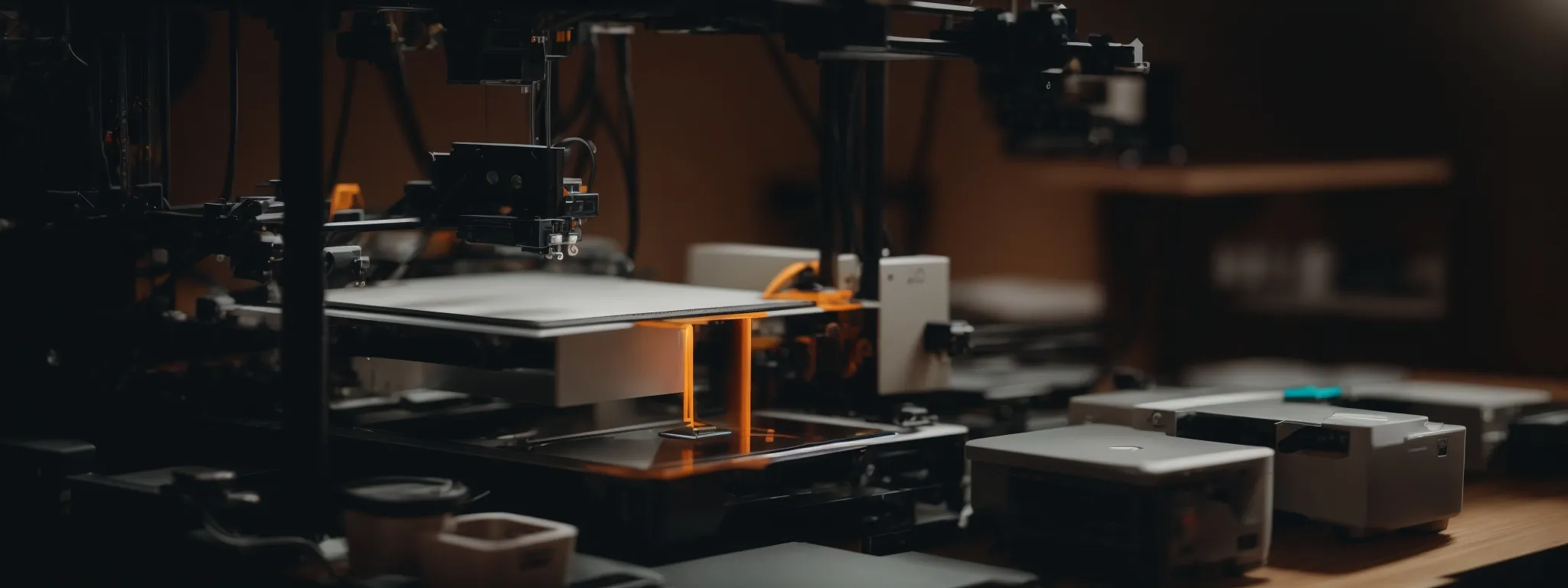 a 3d printer mid-operation, crafting a geometric object from spools of filament.