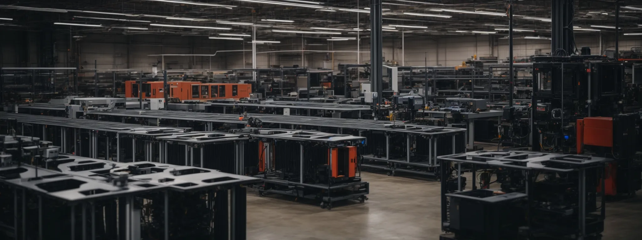 a warehouse filled with rows of 3d printers systematically crafting multiple objects simultaneously.