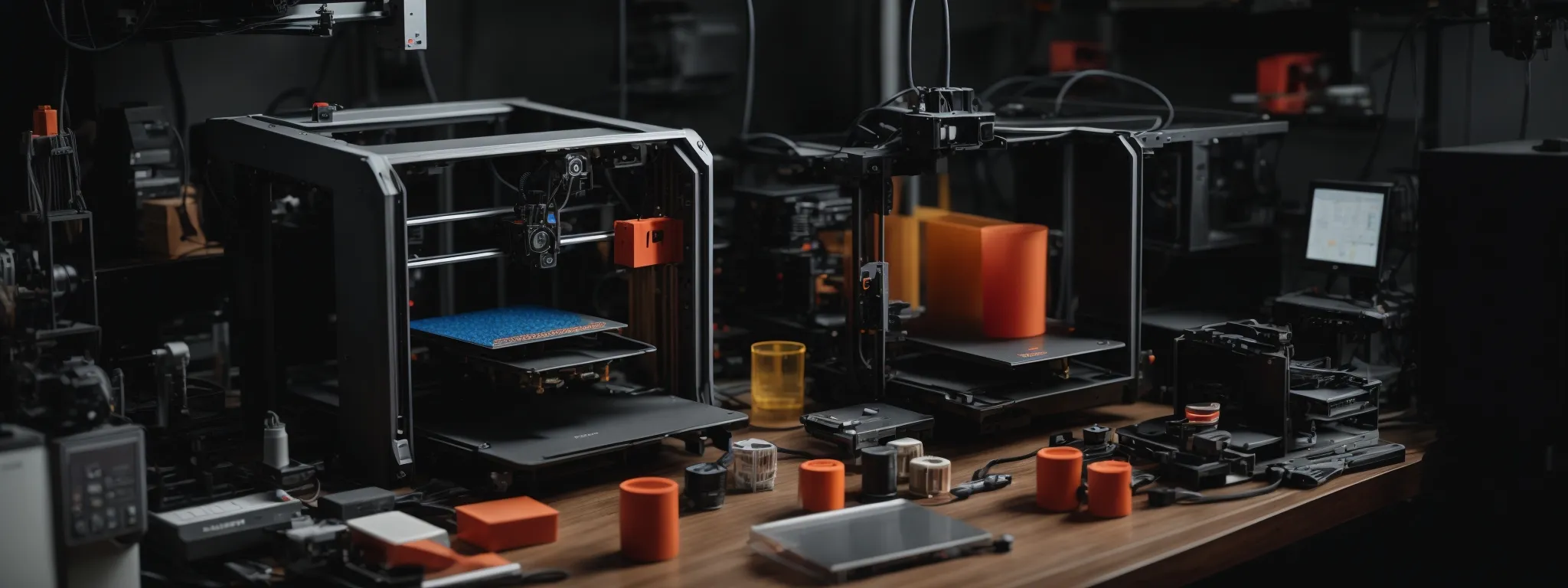 a 3d printer sits idle, surrounded by various finished printed objects and tools for post-processing.
