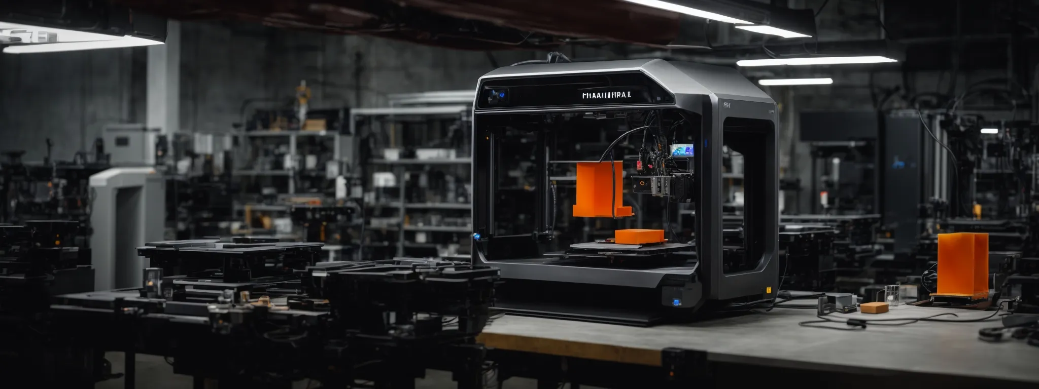a trio of sleek 3d printers nestled in a modern workshop, silently crafting intricate objects as professionals scrutinize their performance.
